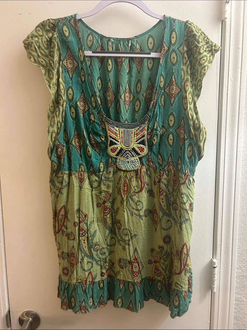 Boho Embroidered Green Patchwork Scoop-Neck Women's Top